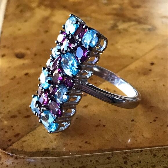 Natural Rhodolite Garnet Blue Zircon Sterling Silver Cocktail Ring Size 6 - Picture 2 of 9